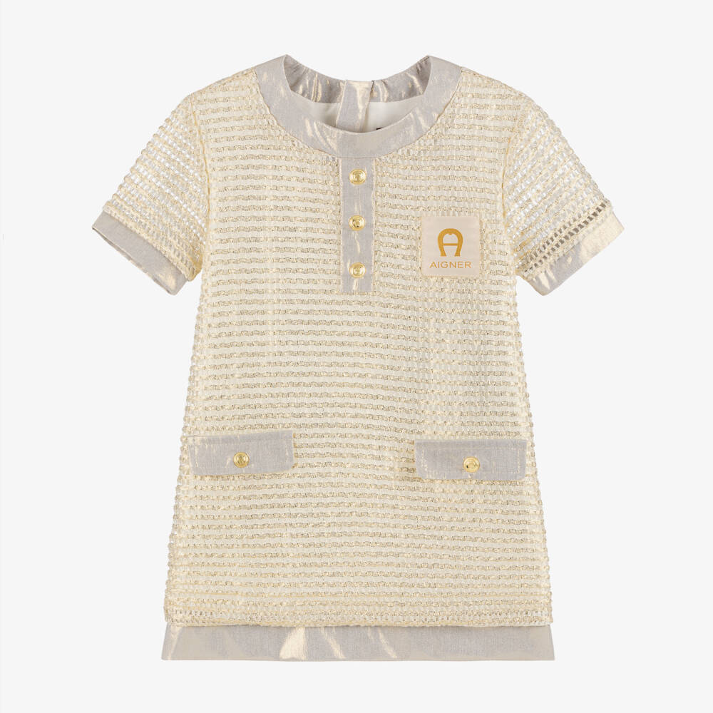 AIGNER-Girls Ivory & Gold Mesh A-Line Dress | Childrensalon Outlet