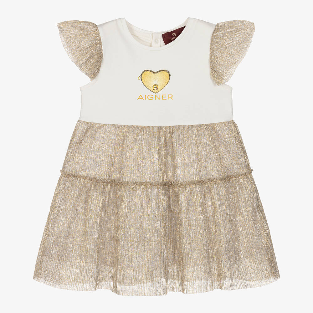 AIGNER-Girls Ivory & Gold Plissé Dress | Childrensalon Outlet