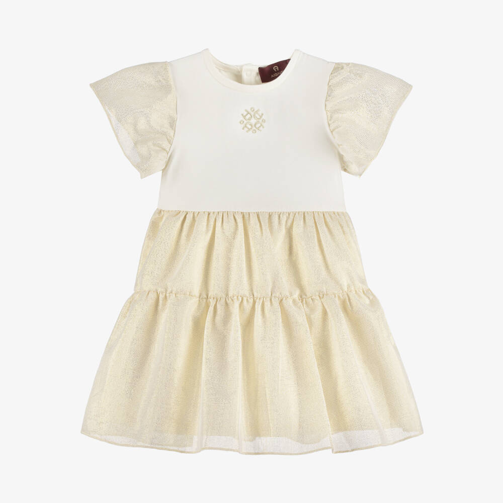 AIGNER-Girls Ivory & Gold Shimmer Dress | Childrensalon Outlet