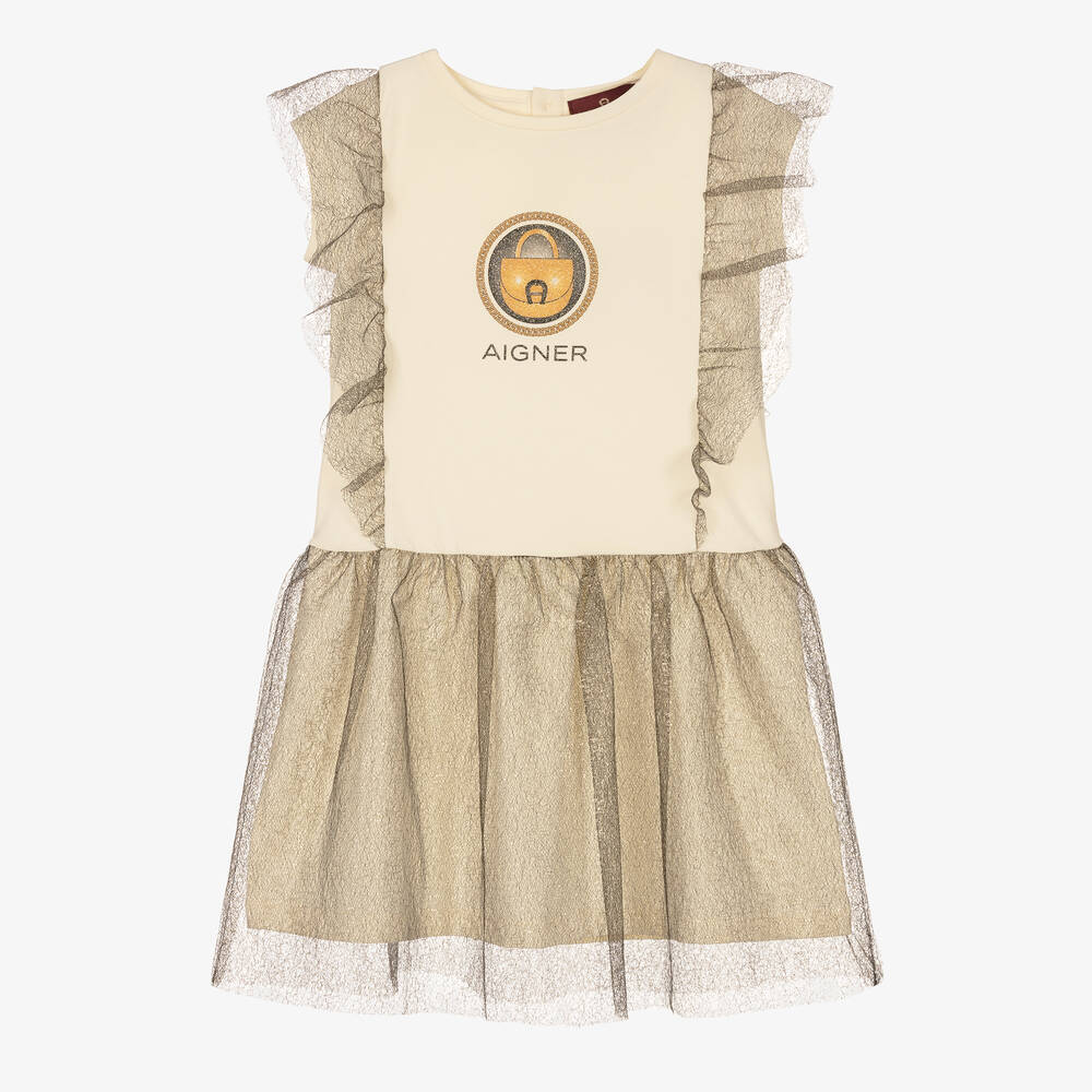 AIGNER - Girls Ivory Jersey & Gold Tulle Dress | Childrensalon