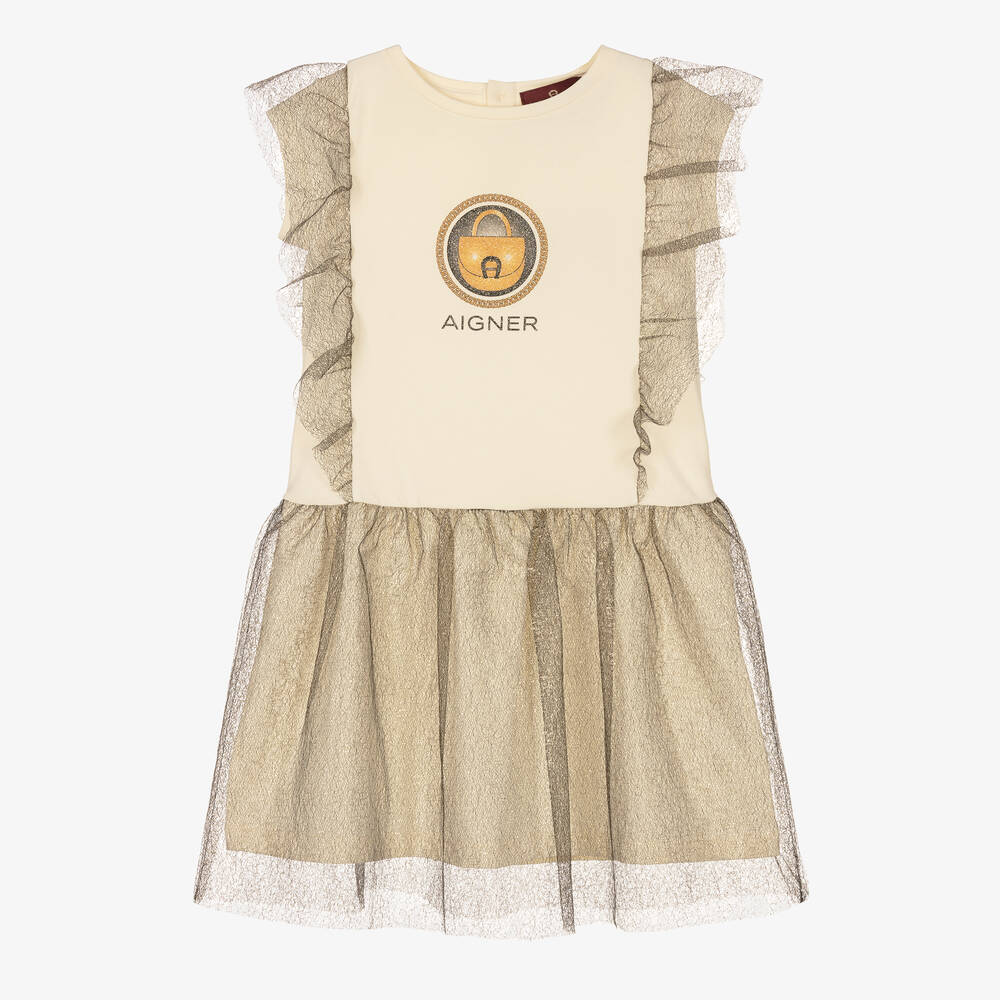 AIGNER-Girls Ivory Jersey & Gold Tulle Dress | Childrensalon Outlet