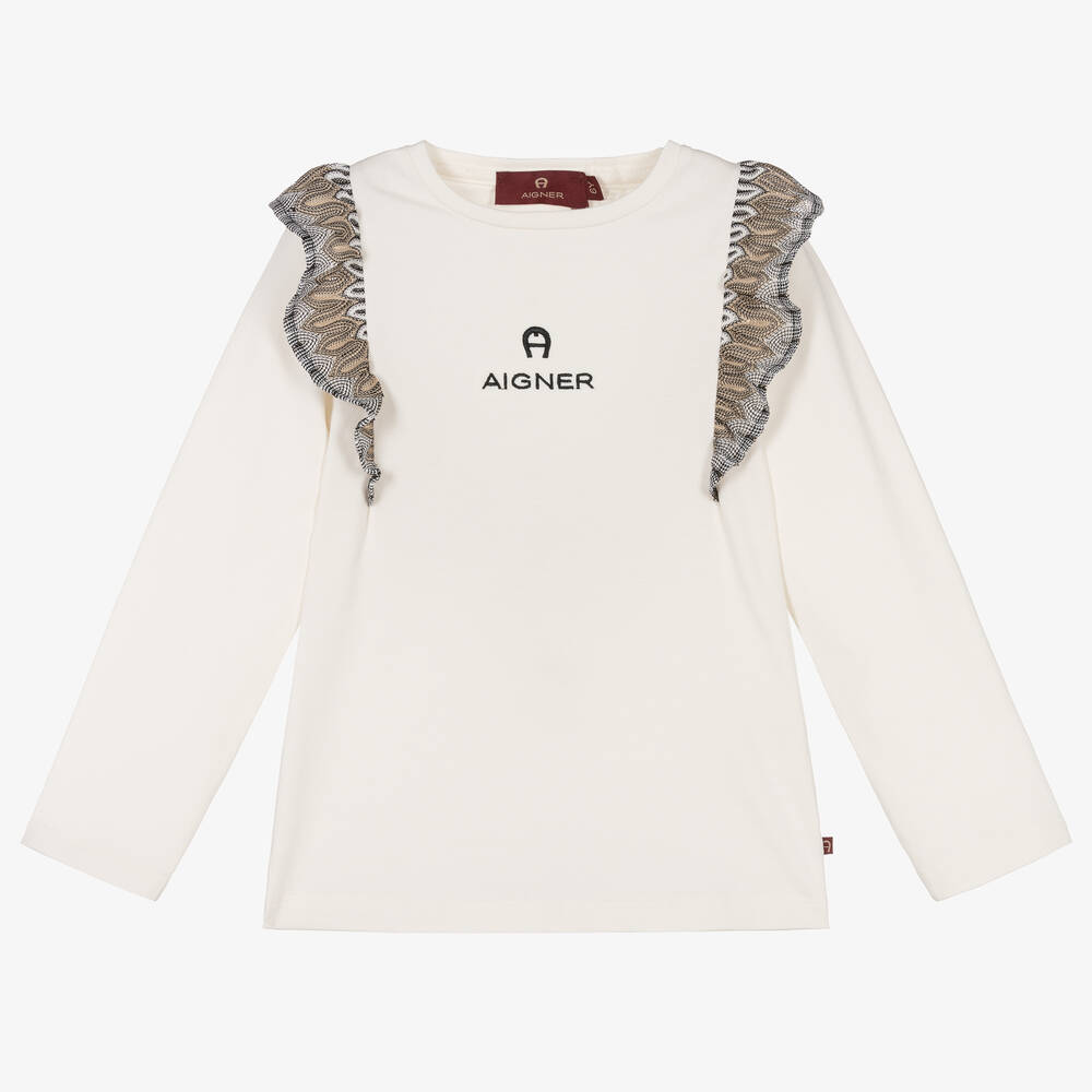 AIGNER - T-shirt ivoire à manches longues en jersey de coton fille | Childrensalon