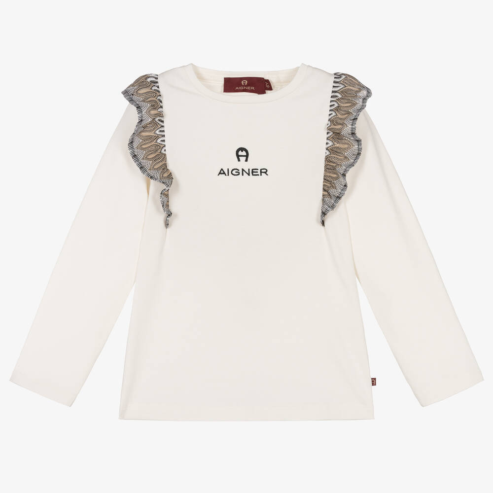 AIGNER-Girls Ivory Long Sleeved T-Shirt | Childrensalon Outlet