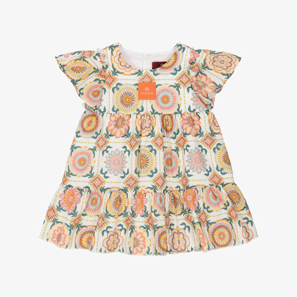 AIGNER-فستان أطفال بناتي قطن بوبلين لون عاجي وبرتقالي | Childrensalon Outlet