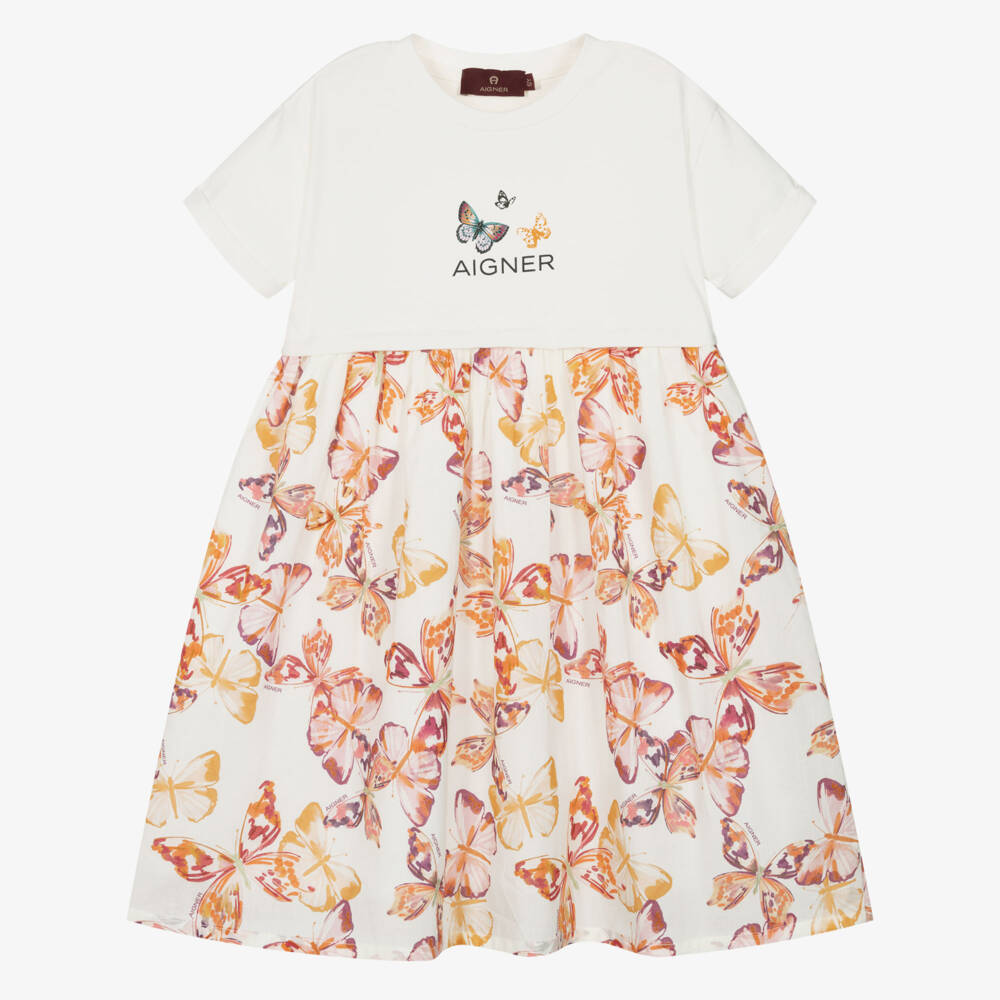 AIGNER-Girls Ivory & Pink Butterfly Print Cotton Dress | Childrensalon Outlet