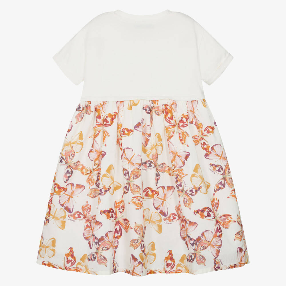 AIGNER-Girls Ivory & Pink Butterfly Print Cotton Dress | Childrensalon Outlet