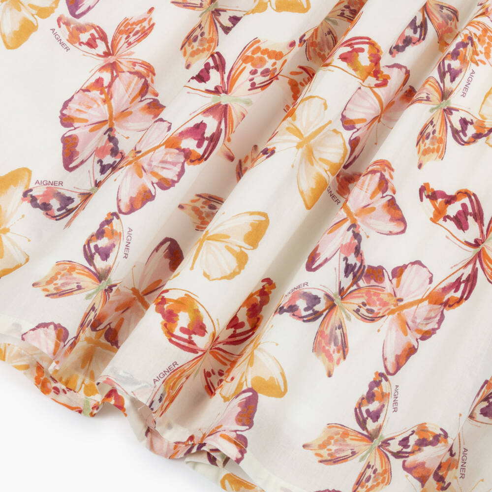 AIGNER-Girls Ivory & Pink Butterfly Print Cotton Dress | Childrensalon Outlet