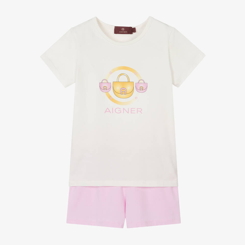 AIGNER-Girls Ivory & Pink Cotton Short Pyjamas | Childrensalon Outlet