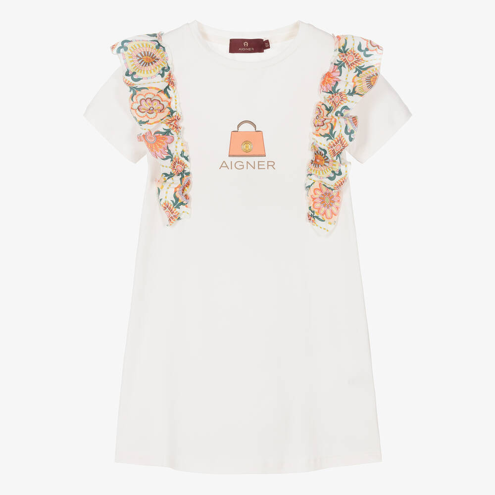 AIGNER-فستان قطن جيرسي لون عاجي مزين بكشكش | Childrensalon Outlet