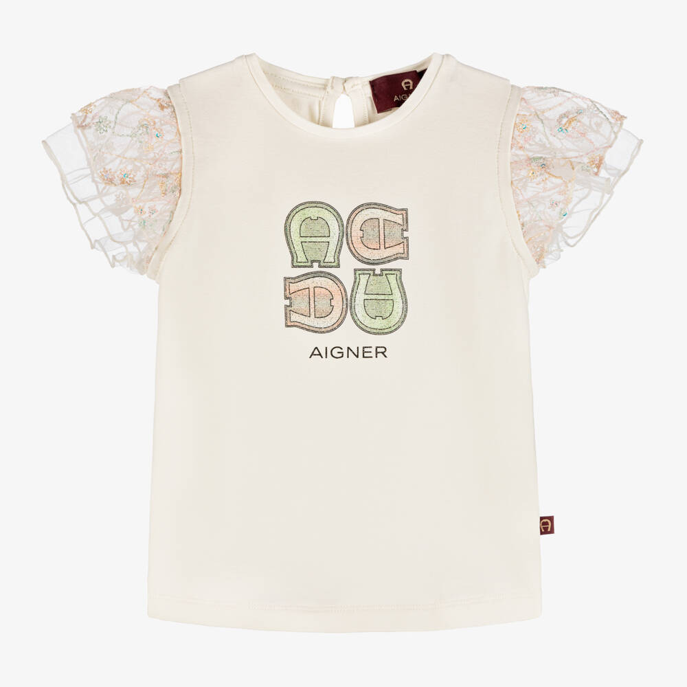 AIGNER-Girls' Ivory Ruffle Sleeve Tee | Childrensalon Outlet