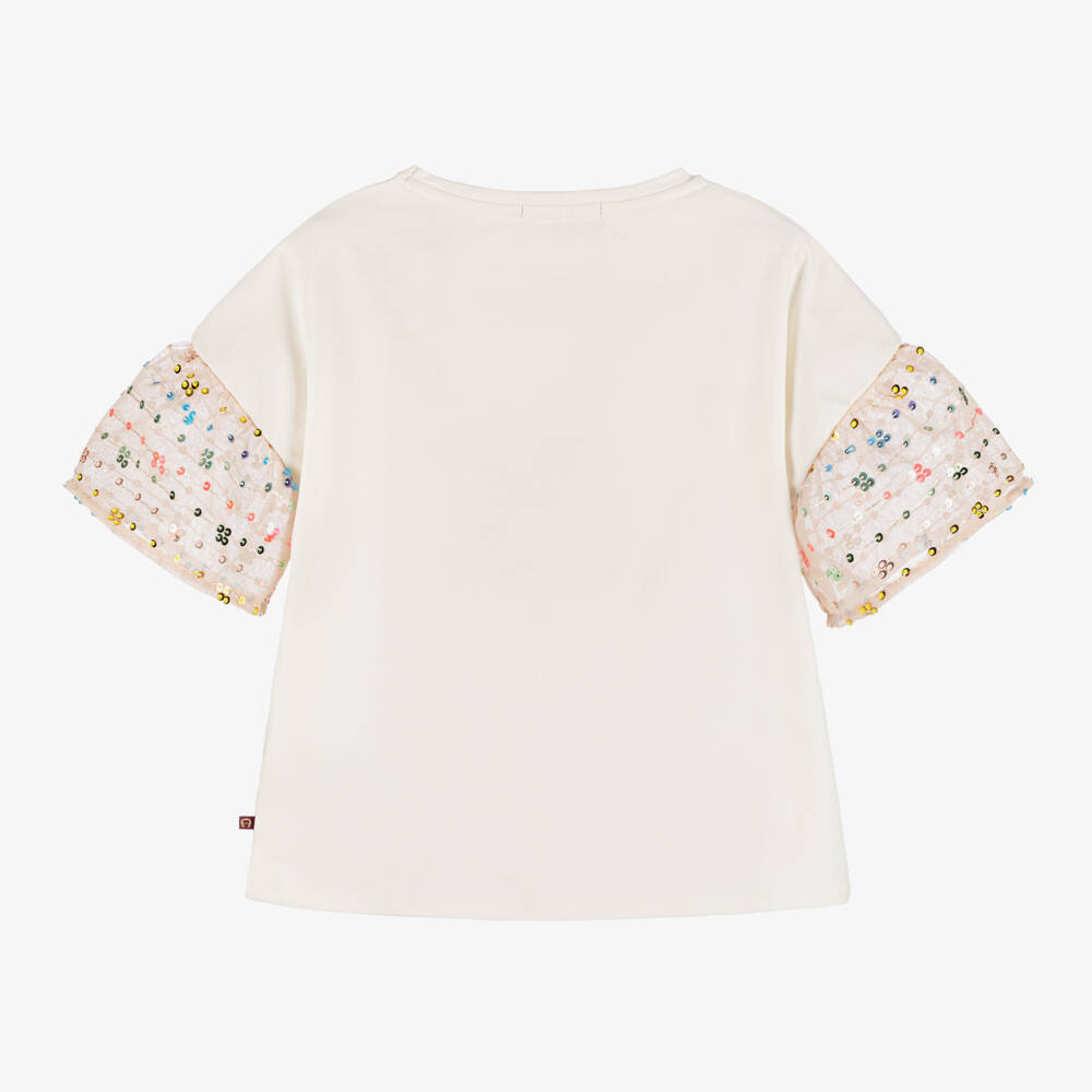 AIGNER-Girls Ivory Sequin Sleeve Tee | Childrensalon Outlet