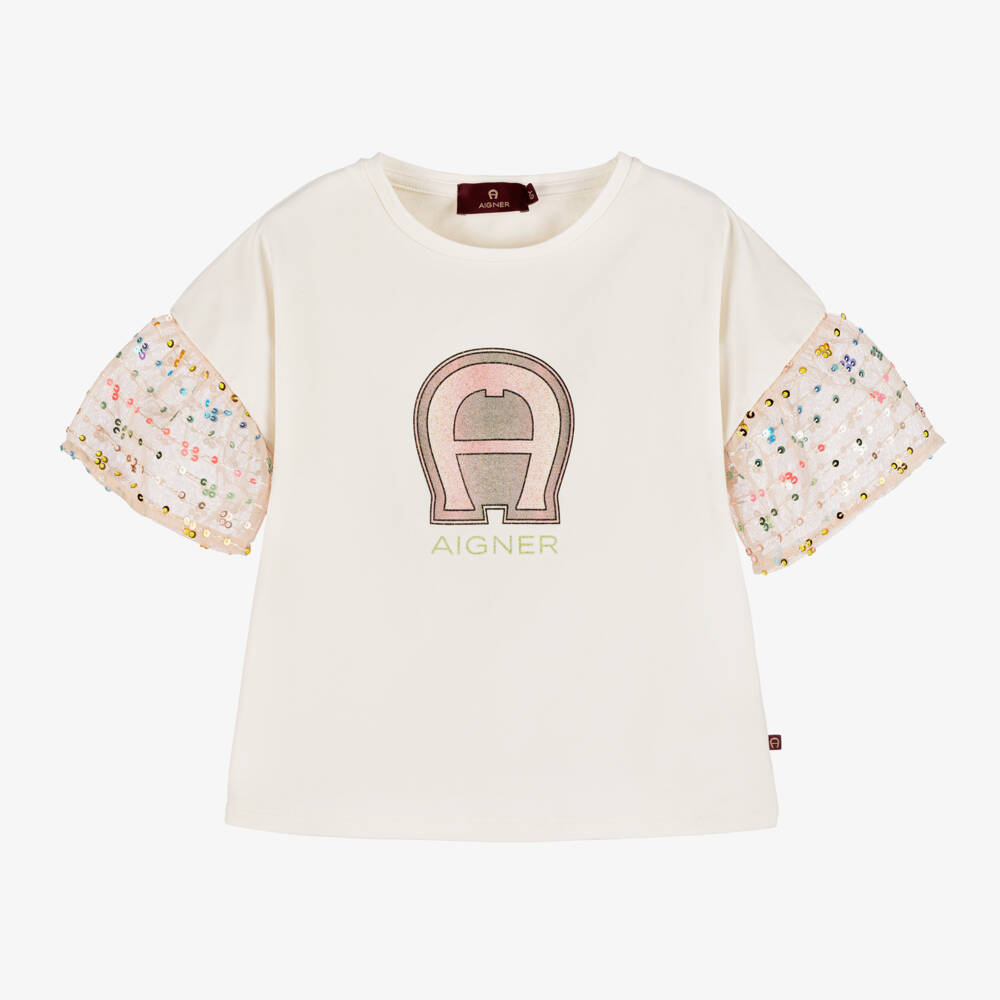 AIGNER-Girls Ivory Sequin Sleeve Tee | Childrensalon Outlet
