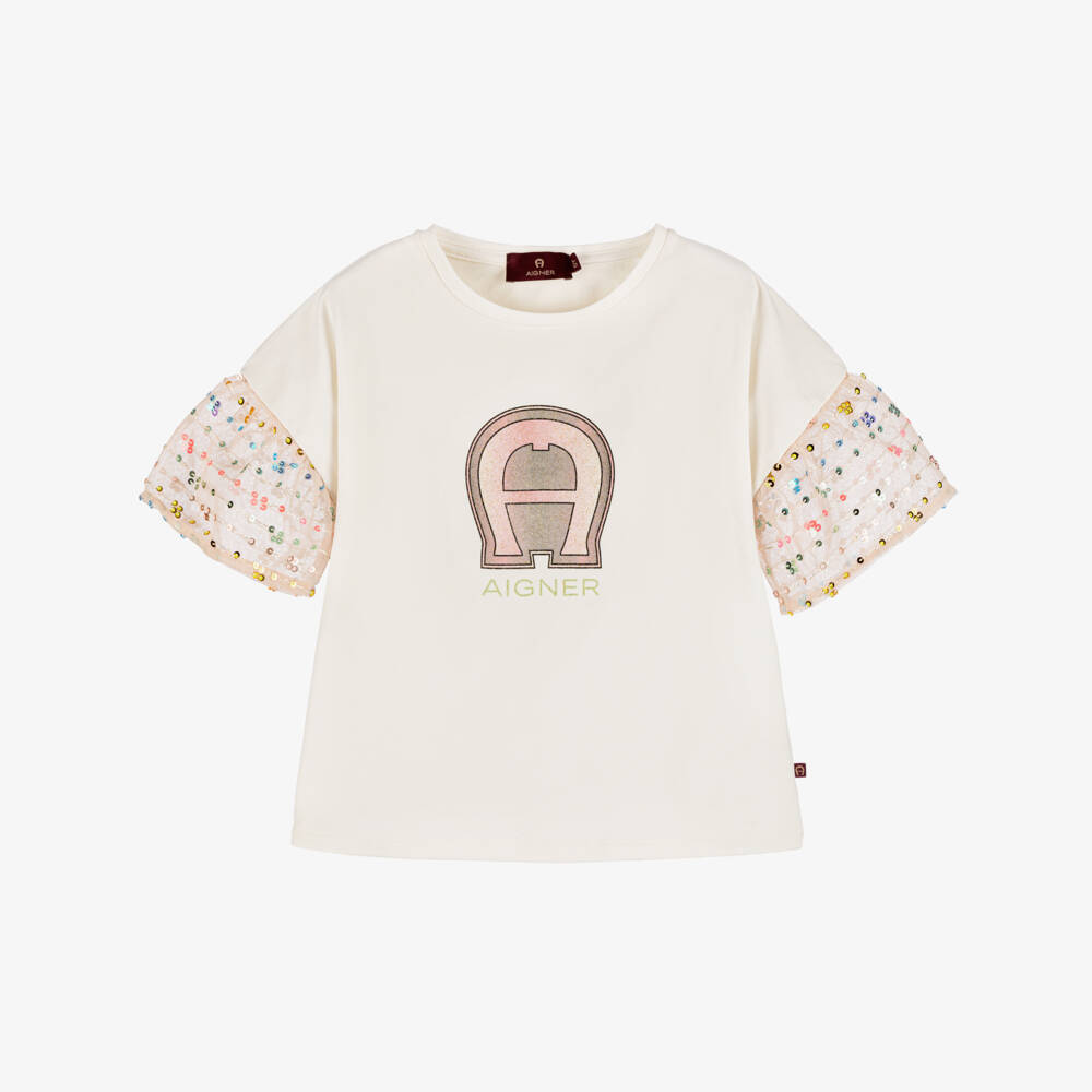 AIGNER-تيشيرت عاجي للبنات بأكمام مزينة بالترتر | Childrensalon Outlet