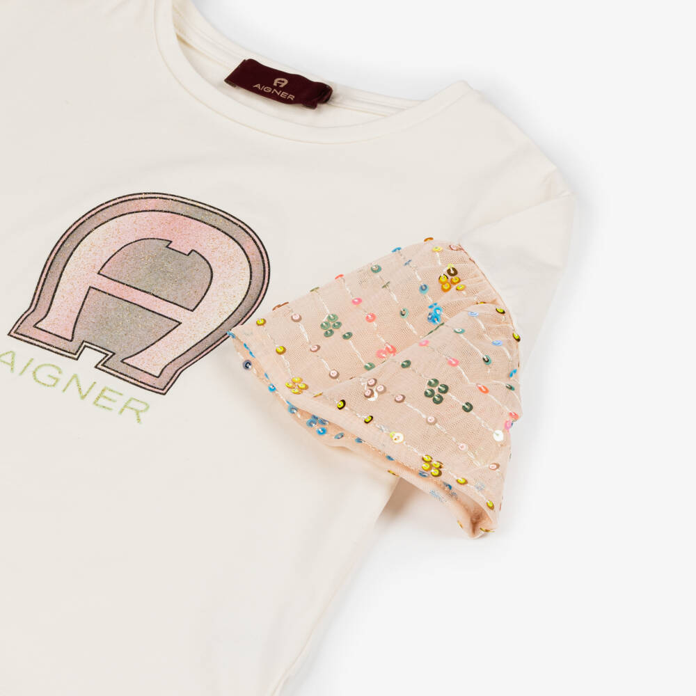 AIGNER-Girls Ivory Sequin Sleeve Tee | Childrensalon Outlet