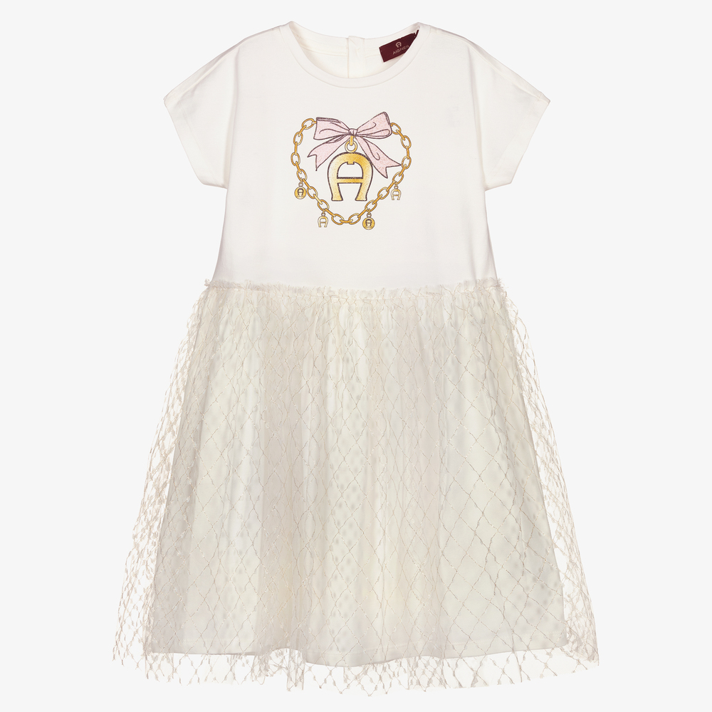 AIGNER-فستان قطن جيرسي وتول لون عاجي | Childrensalon Outlet