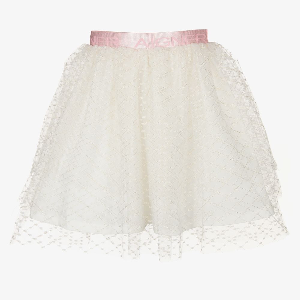 AIGNER - Girls Ivory Tulle Logo Skirt | Childrensalon