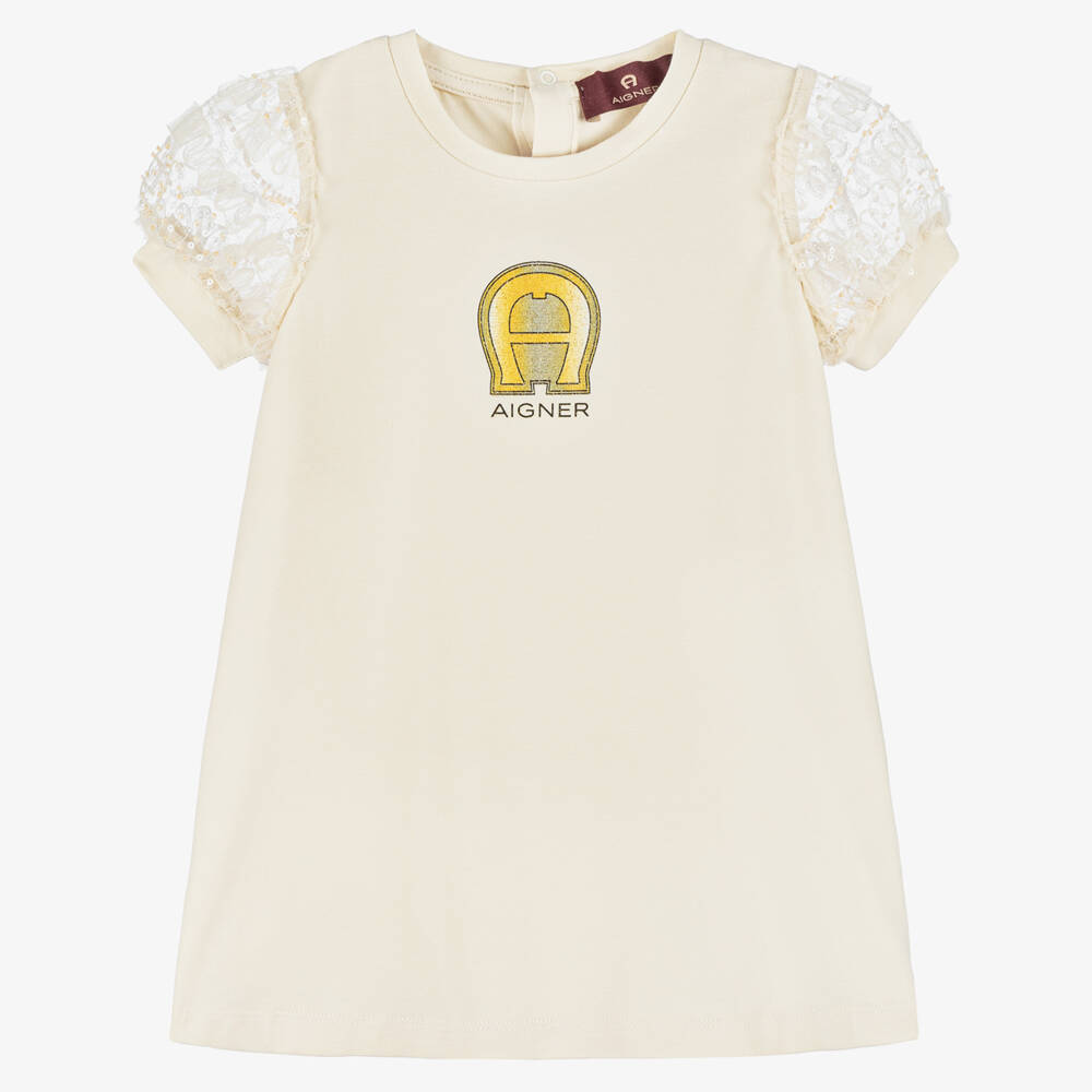 AIGNER-Girls Ivory Tulle-Sleeved Cotton Dress | Childrensalon Outlet