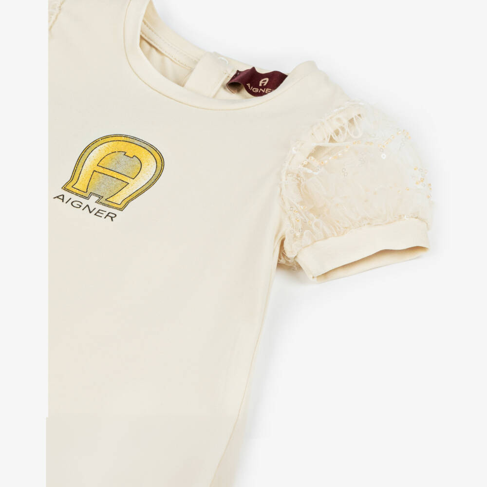 AIGNER-فستان قطني عاجي للبنات بأكمام تول | Childrensalon Outlet