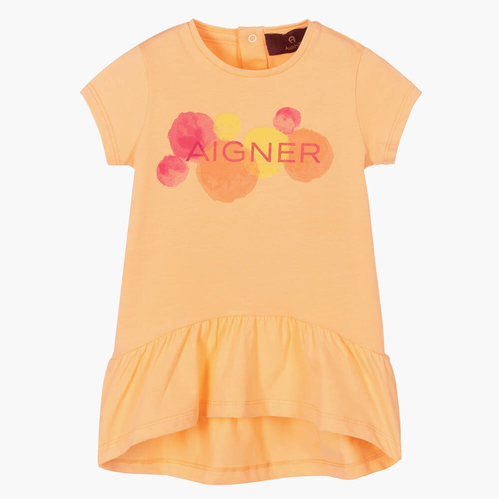 AIGNER - Girls Orange Cotton Logo Dress | Childrensalon
