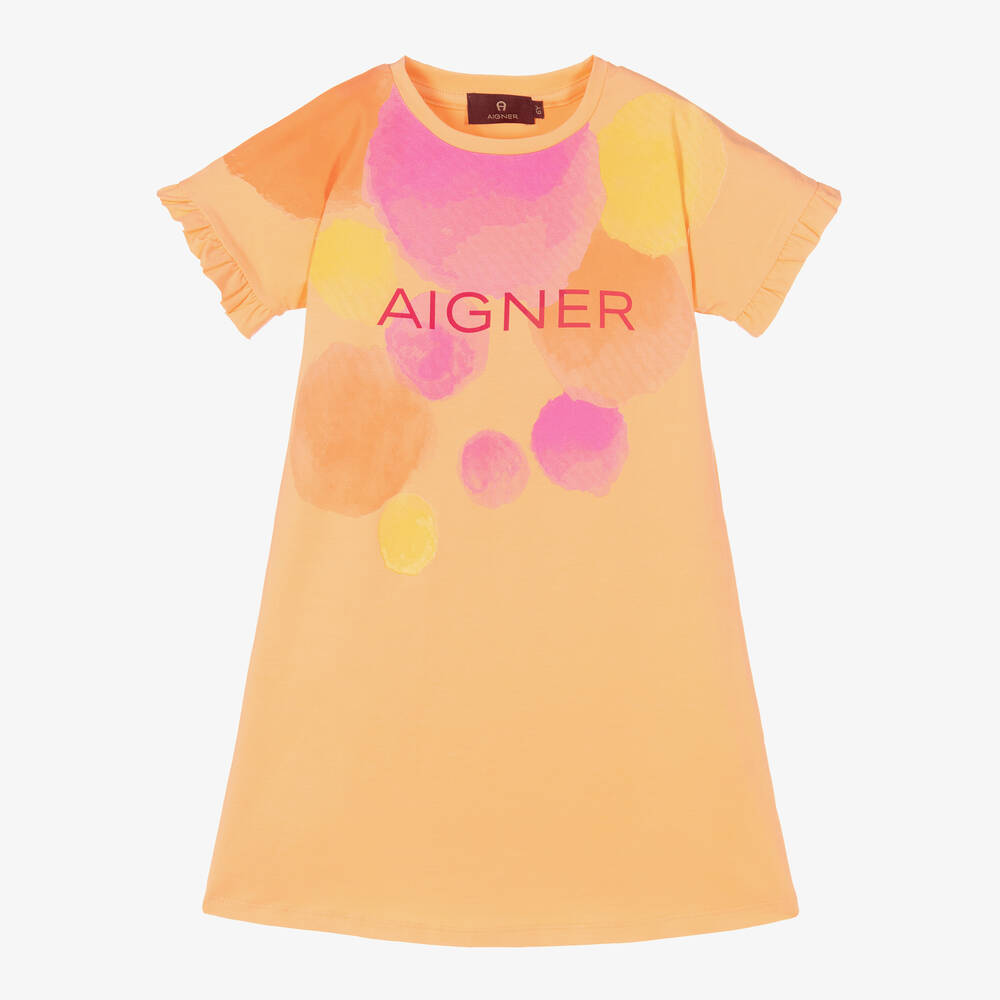 AIGNER - Girls Orange & Pink Cotton Dress | Childrensalon
