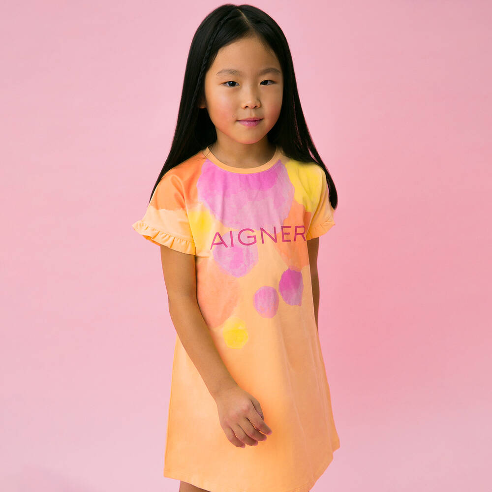 AIGNER-Girls Orange & Pink Cotton Dress | Childrensalon Outlet