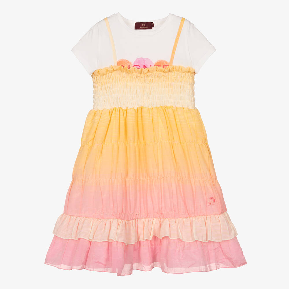 AIGNER - طقم فستان قطن جيرسي لون برتقالي وزهري | Childrensalon