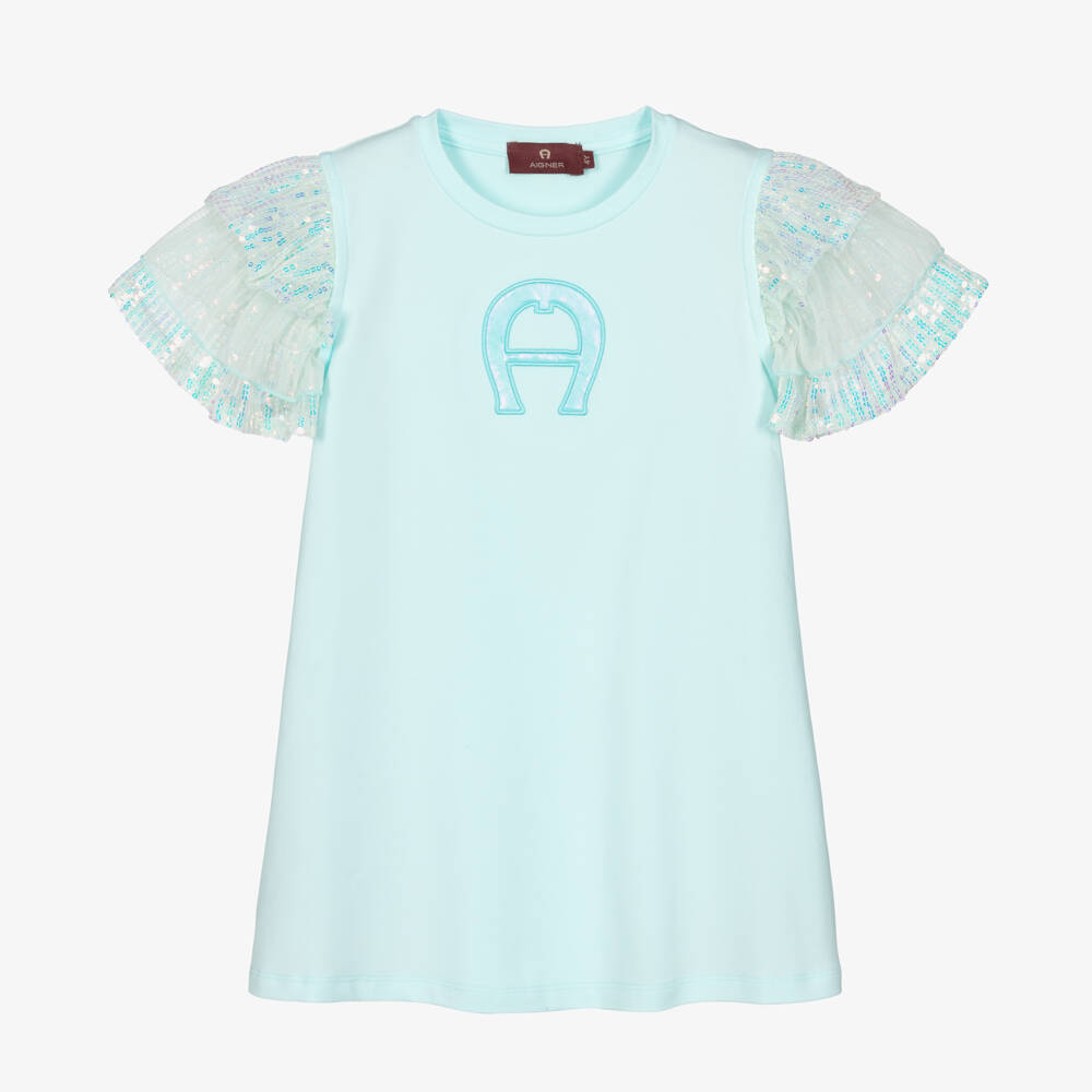 AIGNER-Girls Pale Blue Logo Dress with Sequin Sleeves | Childrensalon Outlet