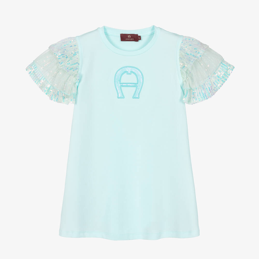 AIGNER-Girls Pale Blue Logo Dress with Sequin Sleeves | Childrensalon Outlet