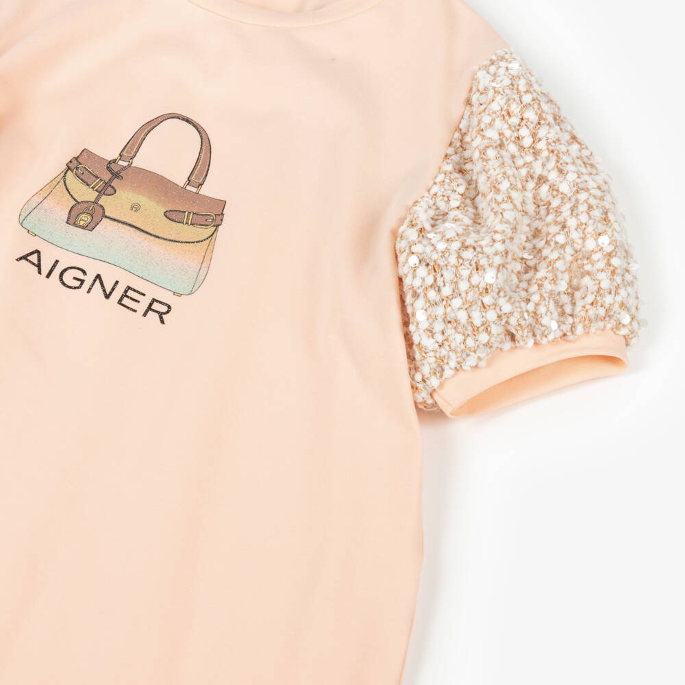 AIGNER-Girls Pale Orange Cotton Bag Print Dress | Childrensalon Outlet
