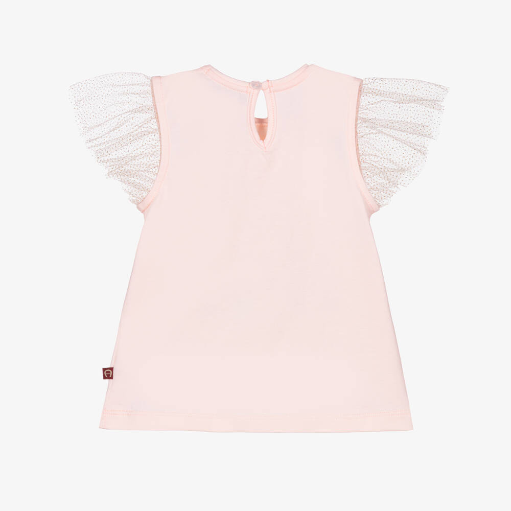AIGNER-Girls Pale Pink T-Shirt with Glittery Tulle Sleeves | Childrensalon Outlet
