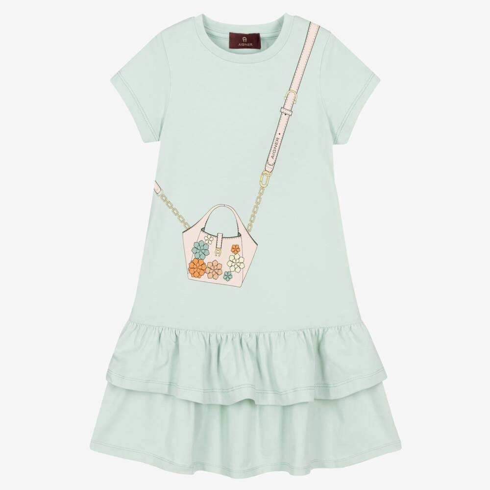 AIGNER-Girls Pastel Green Cotton Jersey Dress with Handbag Print | Childrensalon Outlet