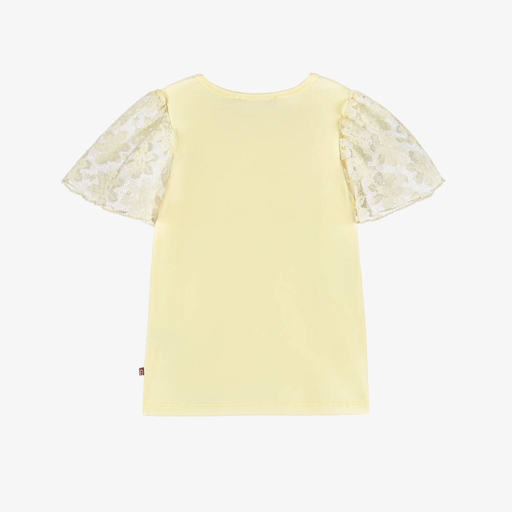 AIGNER-Girls Pastel Yellow Lace Sleeve T-Shirt | Childrensalon Outlet