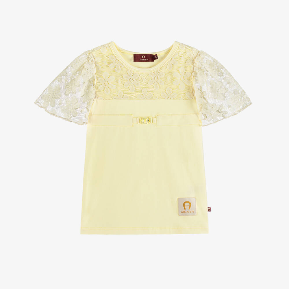 AIGNER-Girls Pastel Yellow Lace Sleeve T-Shirt | Childrensalon Outlet