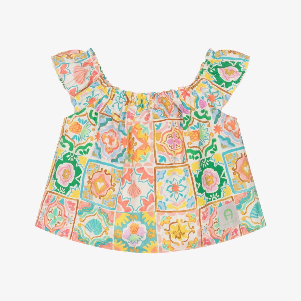 AIGNER-Розовая и зеленая блузка из поплина с принтом для девочек | Childrensalon Outlet