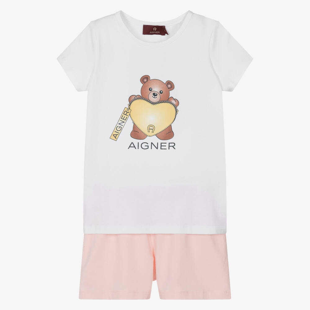 AIGNER-Розовый хлопковый комплект для сна с мишкой для девочек | Childrensalon Outlet