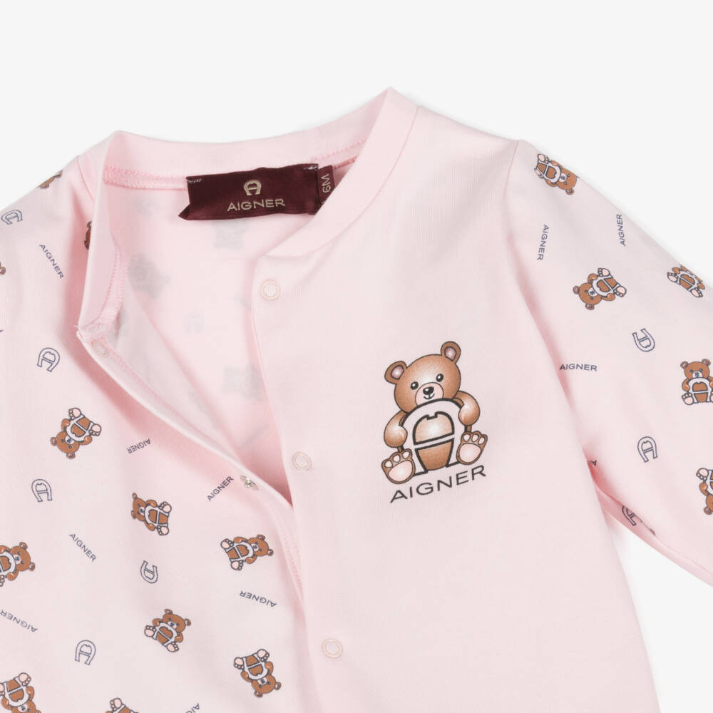 AIGNER-Girls Pink Cotton Babygrow with Teddy Logo Print | Childrensalon Outlet