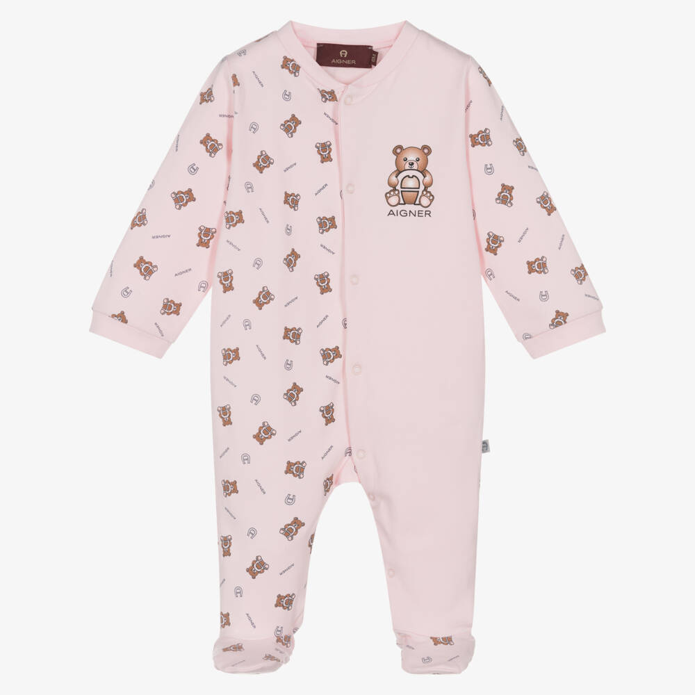 AIGNER-Girls Pink Cotton Babygrow with Teddy Logo Print | Childrensalon Outlet