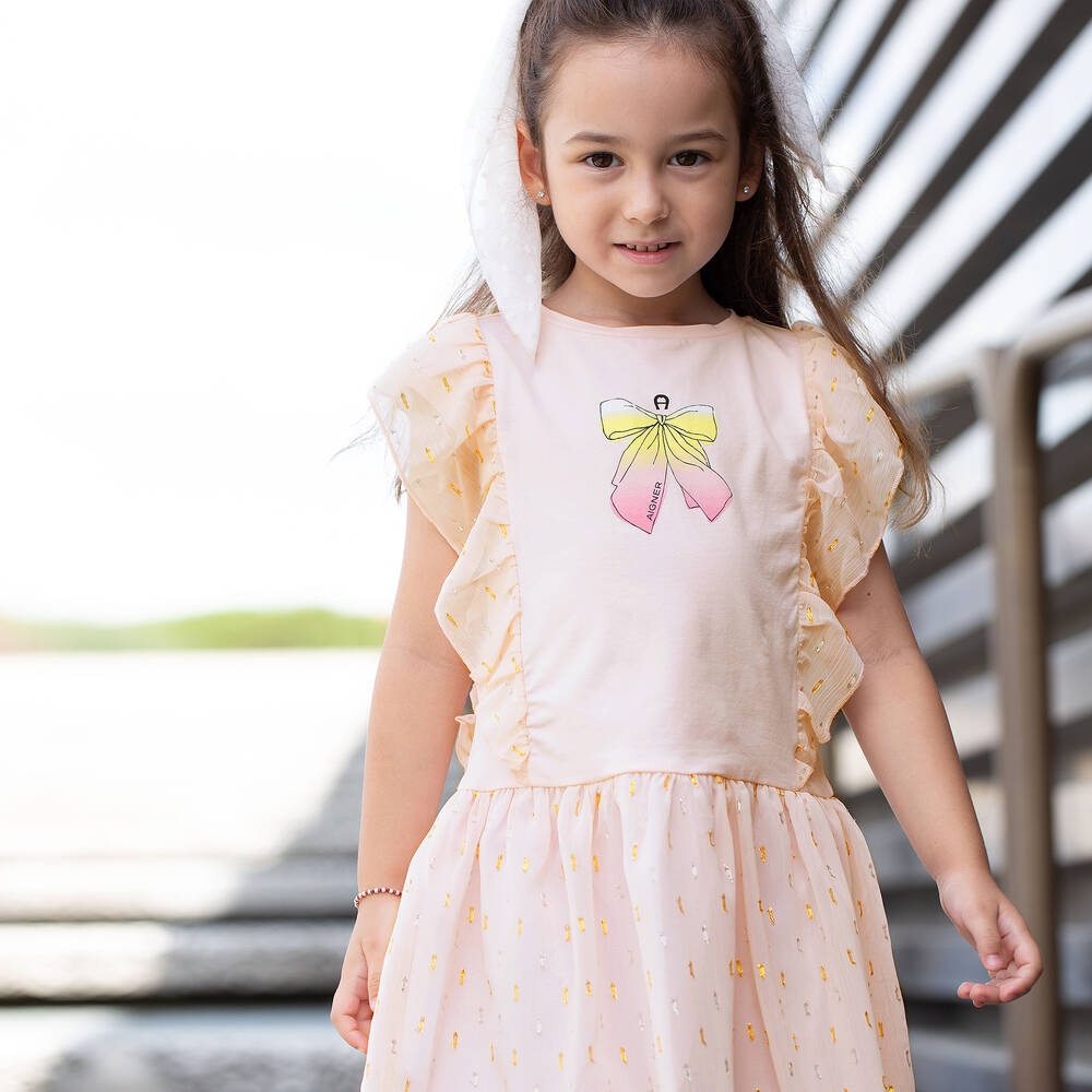 اقنر-فستان قطن فوال وشيفون لون زهري | Childrensalon Outlet