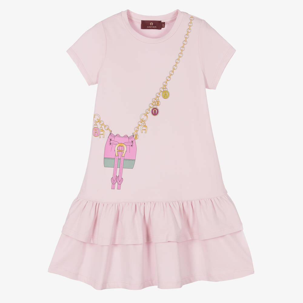 AIGNER - Robe rose en coton imprimé sac fille | Childrensalon