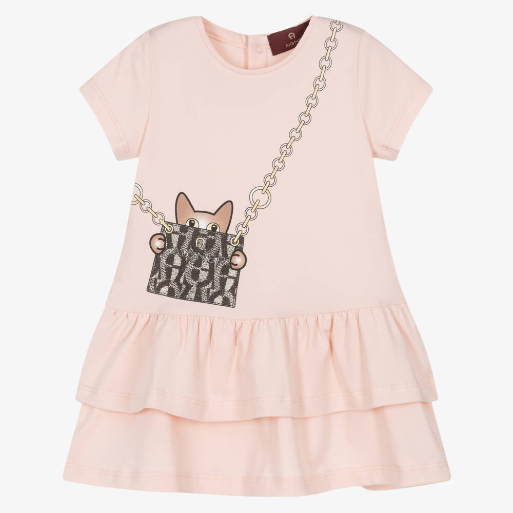 AIGNER-Girls Pink Cotton Dress with Cat & Handbag Print | Childrensalon Outlet