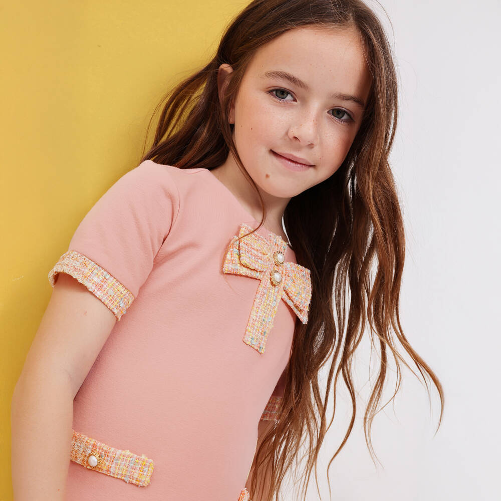 AIGNER-Girls Pink Cotton Jersey & Tweed Bow Dress | Childrensalon Outlet
