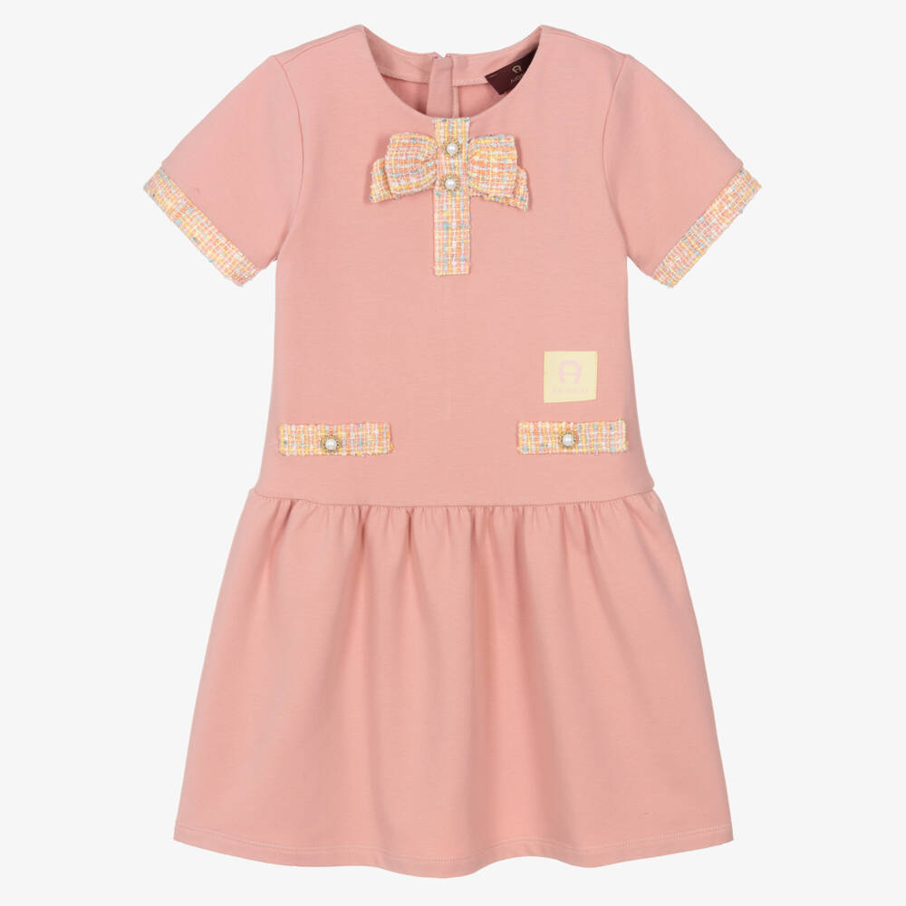 AIGNER-Girls Pink Cotton Jersey & Tweed Bow Dress | Childrensalon Outlet
