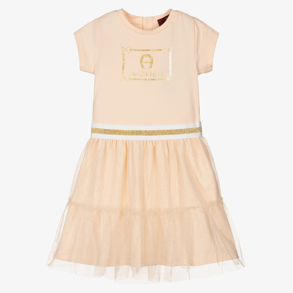 AIGNER - فستان قطن جيرسي وتول لون زهري باهت | Childrensalon