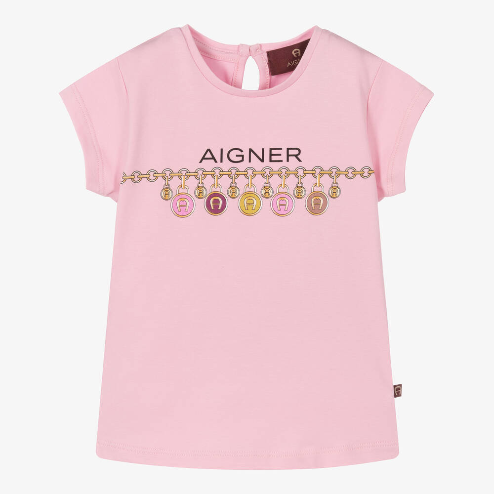 AIGNER - Girls Pink Cotton Logo T-Shirt | Childrensalon