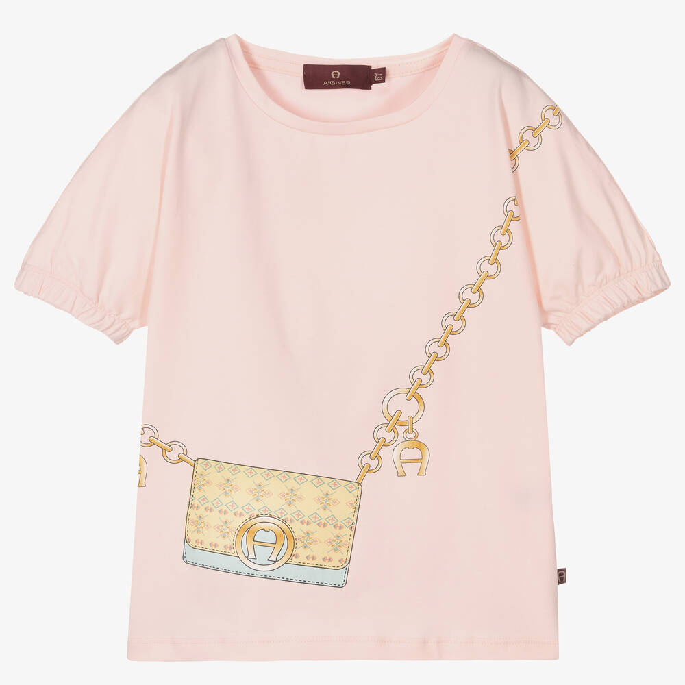 AIGNER - Girls Pink Cotton Logo T-Shirt | Childrensalon
