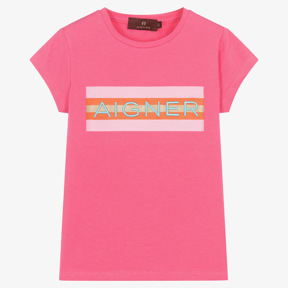 AIGNER - Girls Pink Cotton Logo T-Shirt | Childrensalon