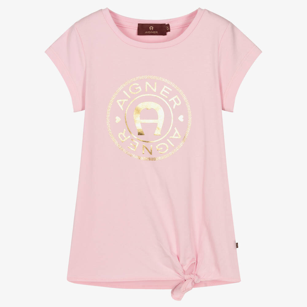 AIGNER - Girls Pink Cotton Logo T-Shirt | Childrensalon