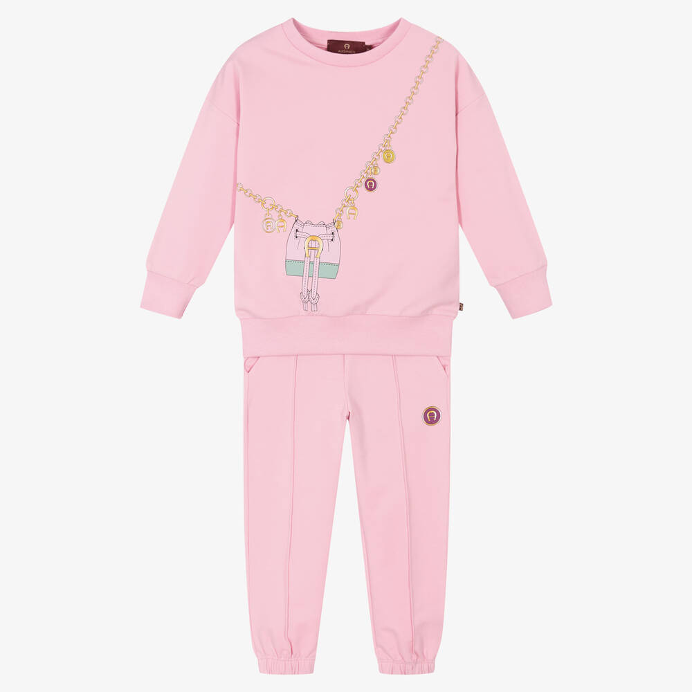 AIGNER - Girls Pink Cotton Logo Tracksuit | Childrensalon