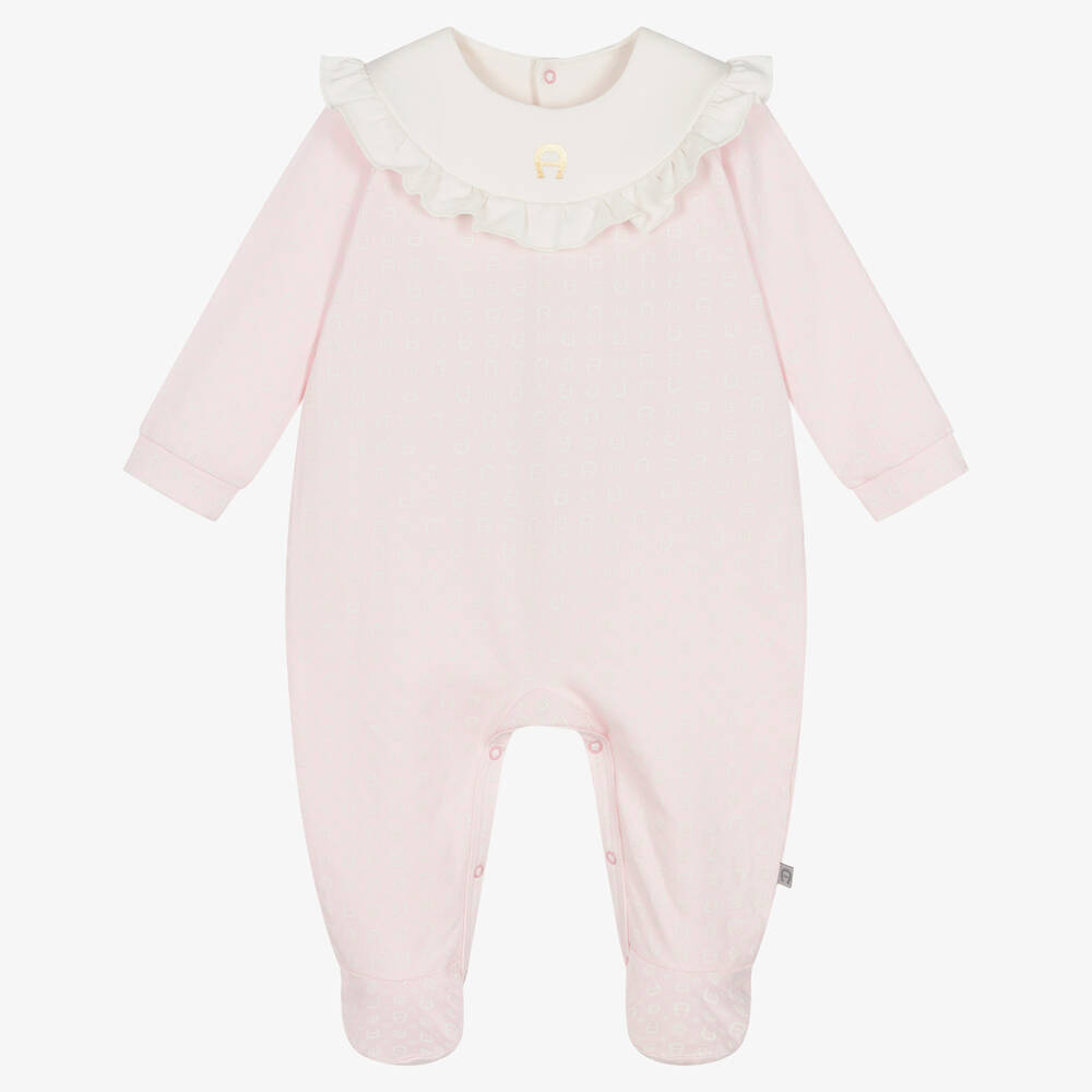 AIGNER - Girls Pink Cotton Ruffle Babygrow | Childrensalon