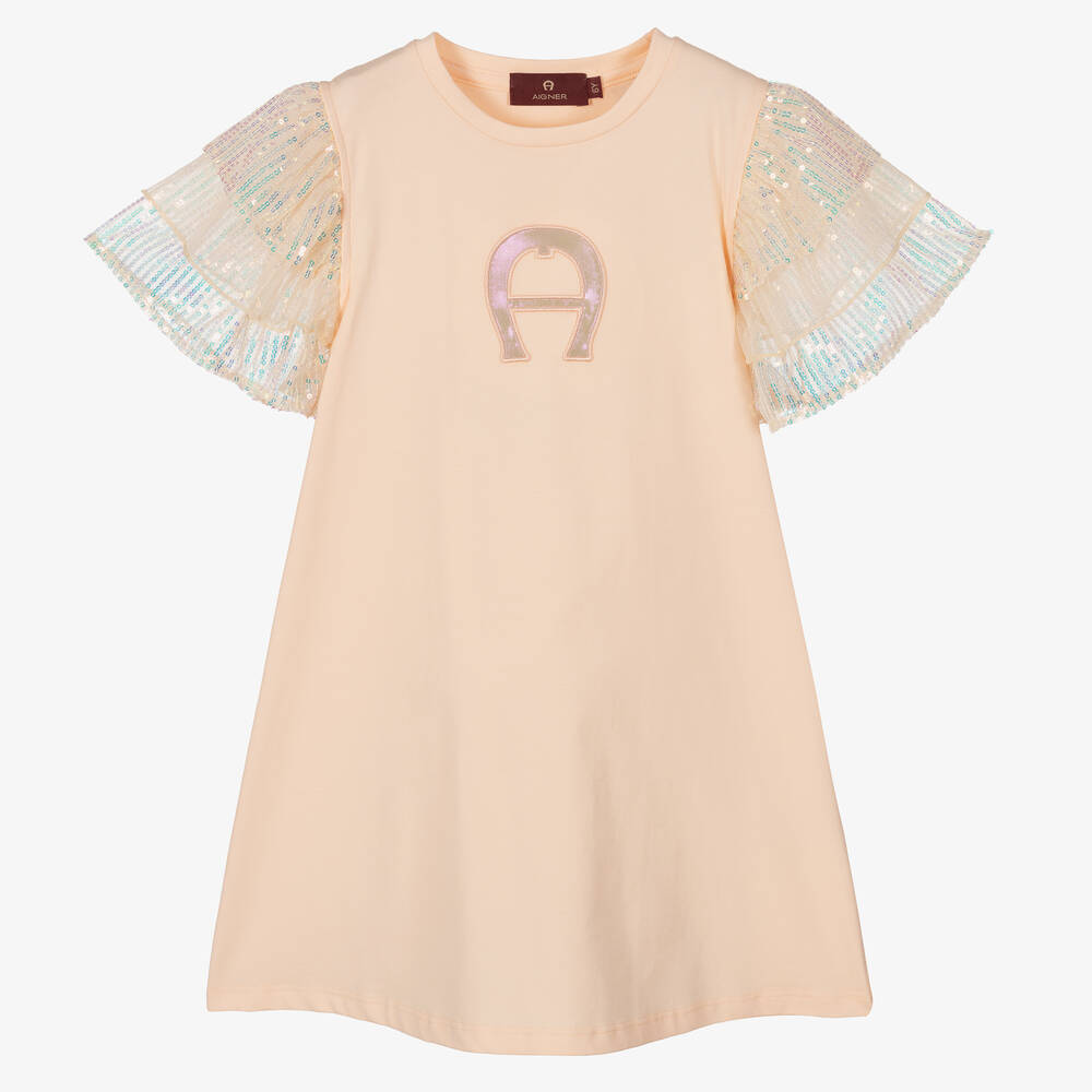 AIGNER - Girls Pink Cotton & Sequin Logo Dress | Childrensalon